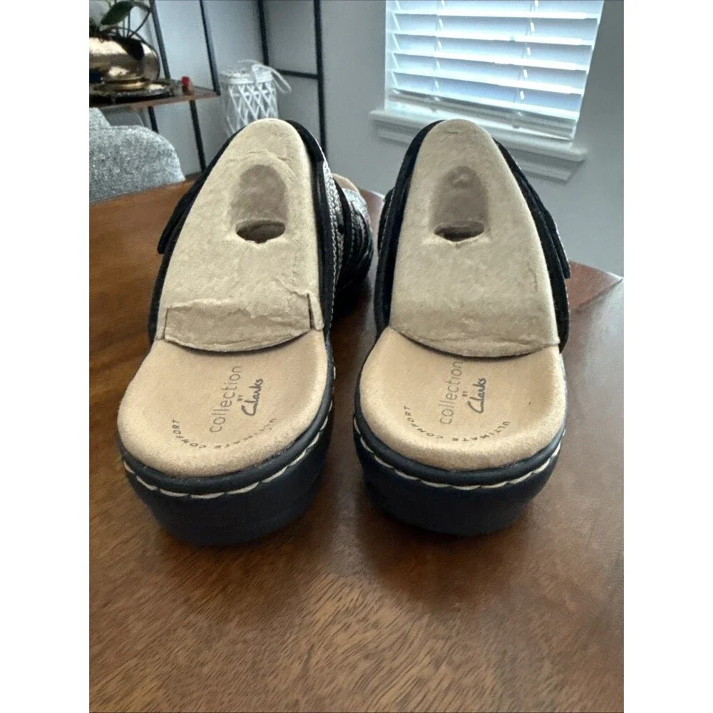Clarks Leather Leisa Faye Sz 37.5 Adjustable Triple Strap Slip On Black Sandals